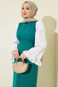 Dress with Waist Tie and Sleeve Details Green all'ingrosso dress view 2 - Hicabistan fabbrica Turchia