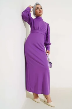 Dress with Sleeve Pearls and Belt Lilac