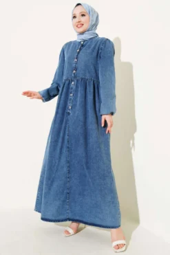 Elastic Cuff Metal Button Denim Dress wholesale dress - Hicabistan Turkey factory
