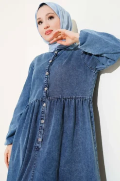 Elastic Cuff Metal Button Denim Dress wholesale dress view 2 - Hicabistan Turkey factory