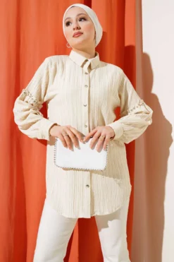 Stone-Embellished Tree Bark Shirt Beige