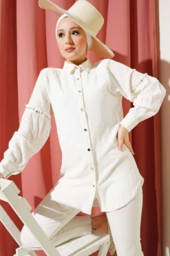 Stone-Embellished Tree Bark Shirt Ecru
