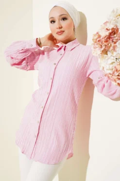 Stone-Embellished Tree Bark Shirt Pink