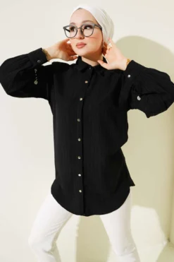 Stone-Embellished Tree Bark Shirt Black