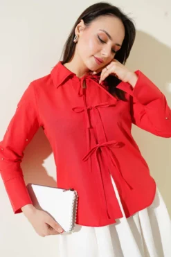 Short Shirt with Stone Embellishments and Laces Red