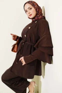 Alternative view of Ruffled Sleeve Buttoned Two-Piece Set Brown