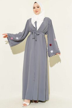 Embroidered Sleeve Abaya Grey