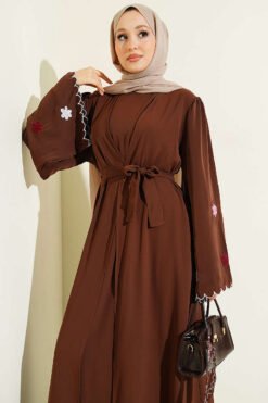 Vista alternativa de Embroidered Sleeve Abaya Brown