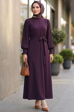 Pleated Sleeve Belted Dress