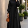 Pleated Sleeve Belted Dress Black