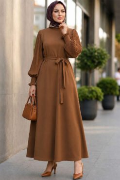 Pleated Sleeve Belted Dress Tan