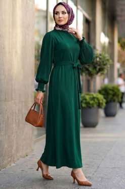 Pleated Sleeve Belted Dress Emerald