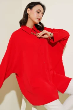 Batwing Sleeve Oversized Shirt with Necklace Red