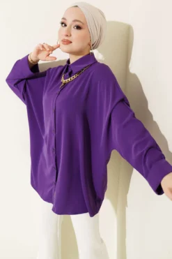 Batwing Sleeve Oversized Shirt with Necklace Purple