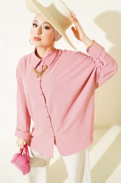 Vue alternative de Batwing Sleeve Oversized Shirt with Necklace Powder Pink