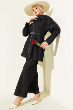 Alternative view of Denim Zip-Up Pants Set Black