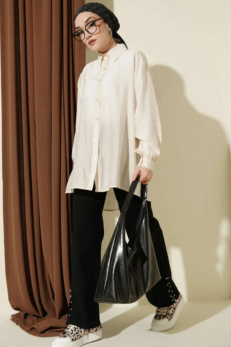 Oversized Shirt Beige en gros shirt view 2 - Hicabistan usine Turquie
