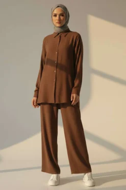 Buttoned Set with Crinkled Appearance Tan