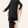 Crinkled Half-Zip Two-Piece Set Black