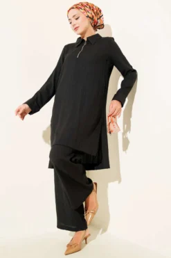 Crinkled Half-Zip Two-Piece Set Black