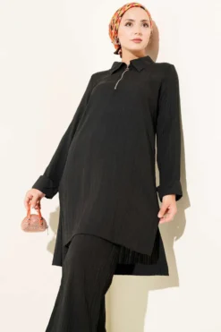 Alternative view of Crinkled Half-Zip Two-Piece Set Black