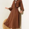Wrap Neck Tree Bark Skirt Set Brown