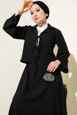 Alternative view of Wrap Neck Tree Bark Skirt Set Black