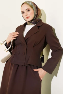 Alternative view of Buttoned Double Set with Wrap Collar and Skirt Brown