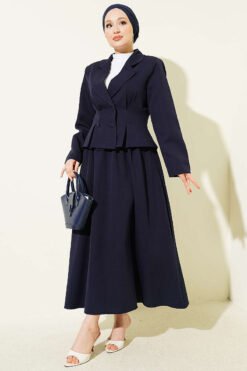 Buttoned Double Set with Wrap Collar and Skirt Navy Blue wholesale clothing set - Hicabistan Turkey factory