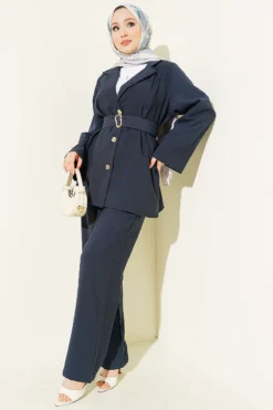 Wrap Neck Gold Button Tencel Set Navy Blue