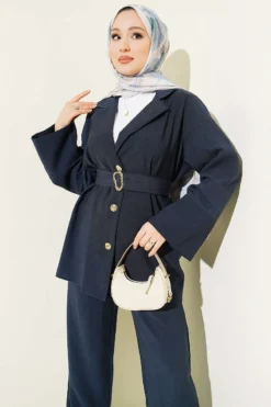 Alternative view of Wrap Neck Gold Button Tencel Set Navy Blue