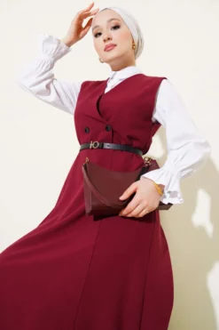 Wrap Neck Belted Dress Burgundy wholesale dress view 2 - Hicabistan Turkey factory