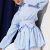 Belted Gathered Half Button Tunic Blue