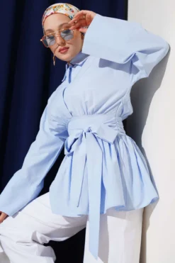 Belted Gathered Half Button Tunic Blue