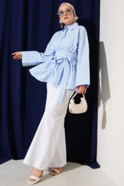Alternative view of Belted Gathered Half Button Tunic Blue