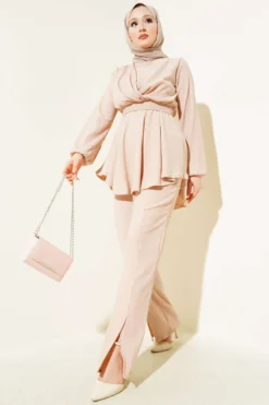 Belted Elastic Waist Ruffled Tunic Two-Piece Set Beige