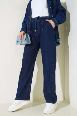 Belted High-Waisted Denim Pants Navy Blue