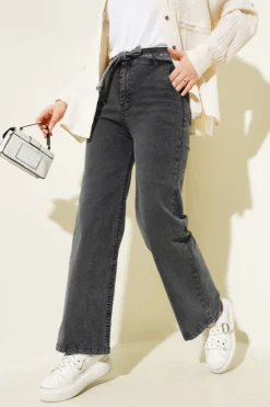 Belted Elastic Waist Denim Pants