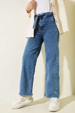 Belted Elastic Waist Denim Pants