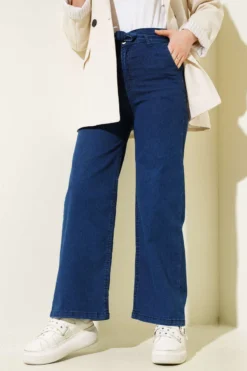 Alternative view of Belted Elastic Waist Denim Pants Navy Blue