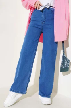 Belted Wide Leg Denim Pants Blue