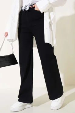 Belted Wide Leg Denim Pants Black