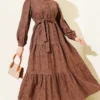 Belted Floral Embroidered Midi Dress Brown