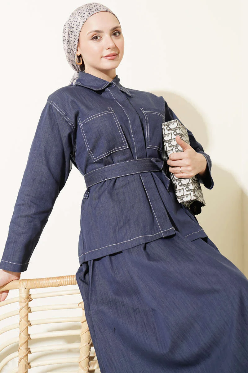 Belted Double Pocket Skirt Set Indigo wholesale clothing set view 2 - Hicabistan Turkey factory