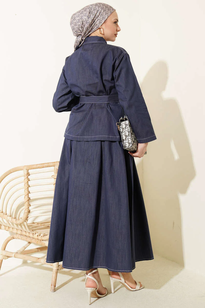 Belted Double Pocket Skirt Set Indigo wholesale clothing set view 3 - Hicabistan Turkey factory