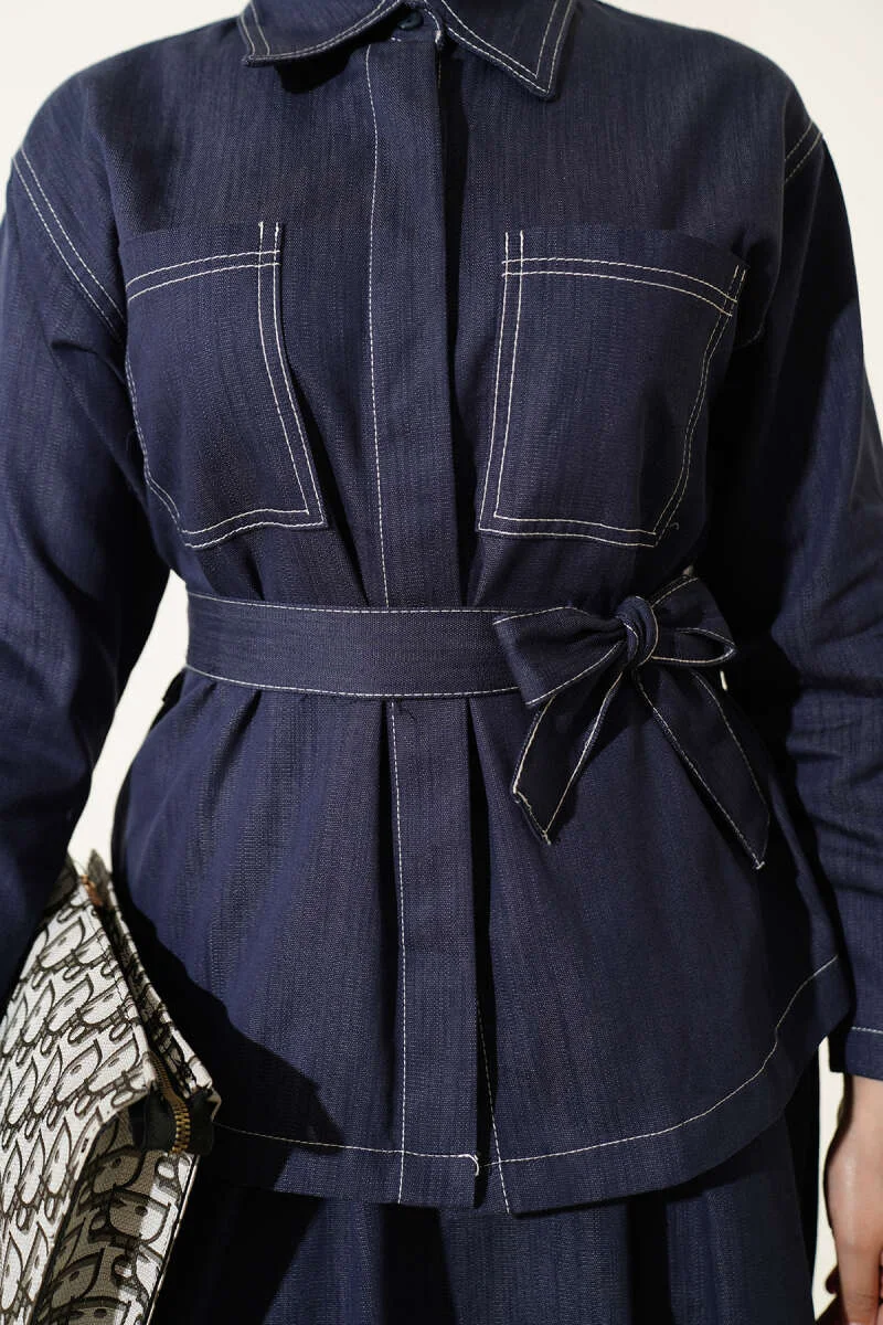 Belted Double Pocket Skirt Set Indigo wholesale clothing set view 4 - Hicabistan Turkey factory
