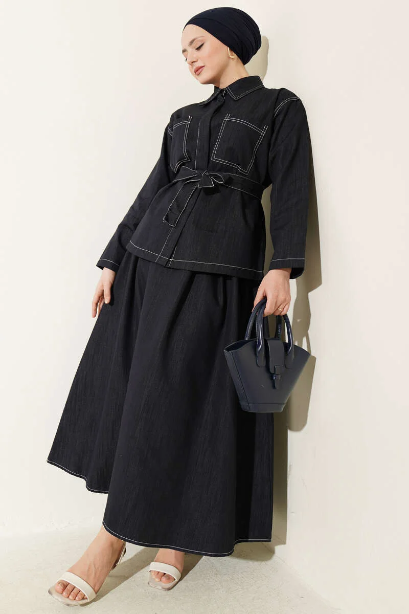 Belted Double Pocket Skirt Set Navy Blue wholesale clothing set - Hicabistan Turkey factory
