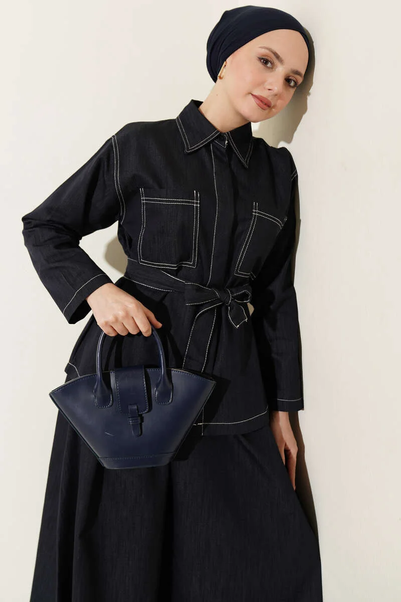 Belted Double Pocket Skirt Set Navy Blue wholesale clothing set view 2 - Hicabistan Turkey factory
