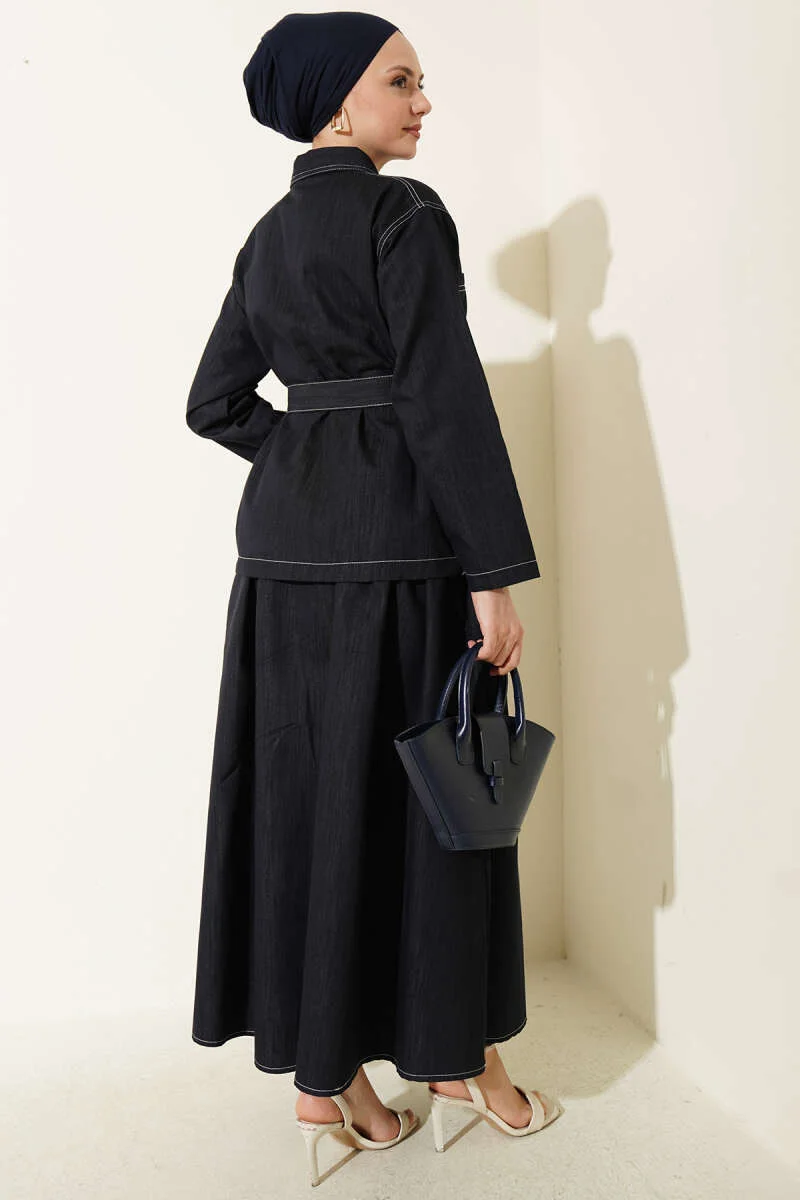 Belted Double Pocket Skirt Set Navy Blue wholesale clothing set view 3 - Hicabistan Turkey factory