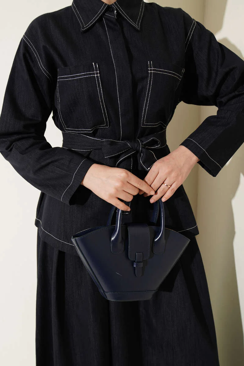 Belted Double Pocket Skirt Set Navy Blue wholesale clothing set view 4 - Hicabistan Turkey factory